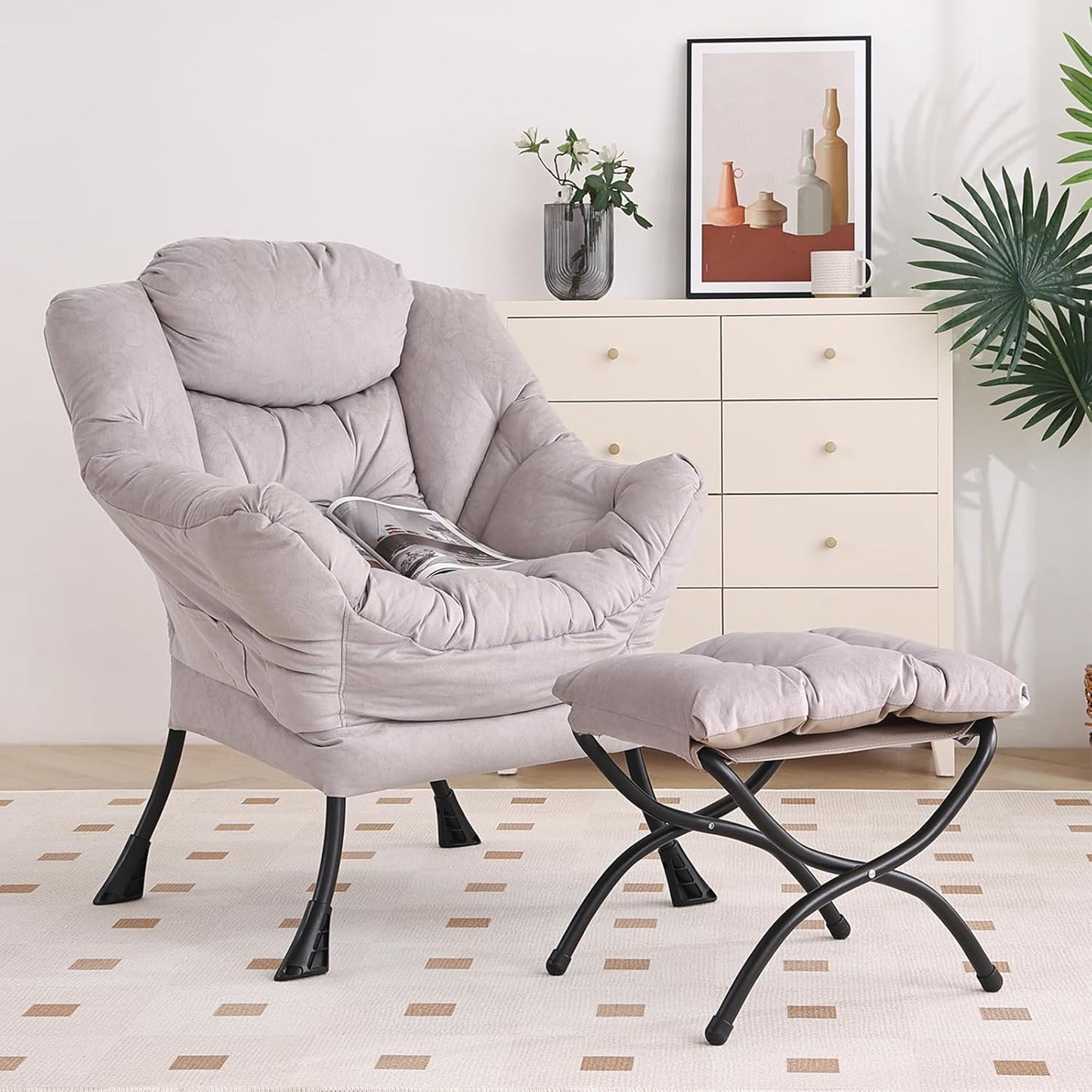 Lazy Chair with Ottoman, Modern Chair with Folding Footrest, Lounge Accent Chair, Comfortable Reading Chair, Oversized Armchairs for Bedroom, Study, Living Room, Courtyard (Light Grey)