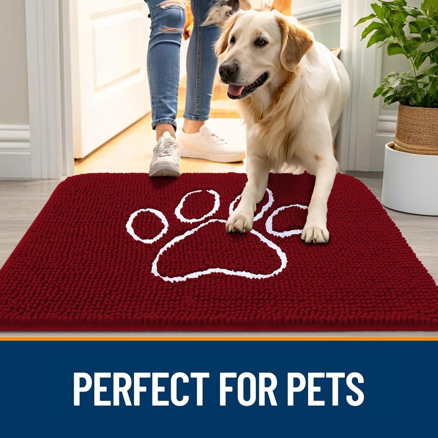 OLANLY Door Mat for Muddy Dog Paws 24x16, Ultra Absorbent Chenille Mud Doormat with Paw Print Design, Non-Slip Washable Doormat for Indoor Entryway, Quick-Dry Pet Bed Mats for Dirty Dogs, Red