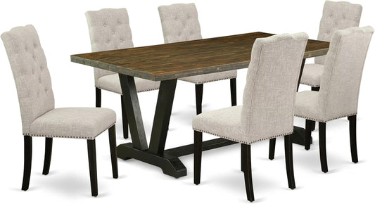 East West Furniture V677EL635-7 7 Piece Kitchen Table & Chairs Set Consist of a Rectangle Dining Room Table with V-Legs and 6 Doeskin Linen Fabric Parsons Chairs, 40x72 Inch, Multi-Color
