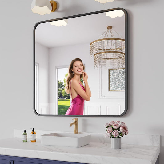 Koonmi Bathroom Mirror, 36X36 Inch Black Metal Framed Mirror for Bathroom, Tempered Glass, Anti-Rust, Rounded Rectangle Mirror for Restroom, Bedroom, Black