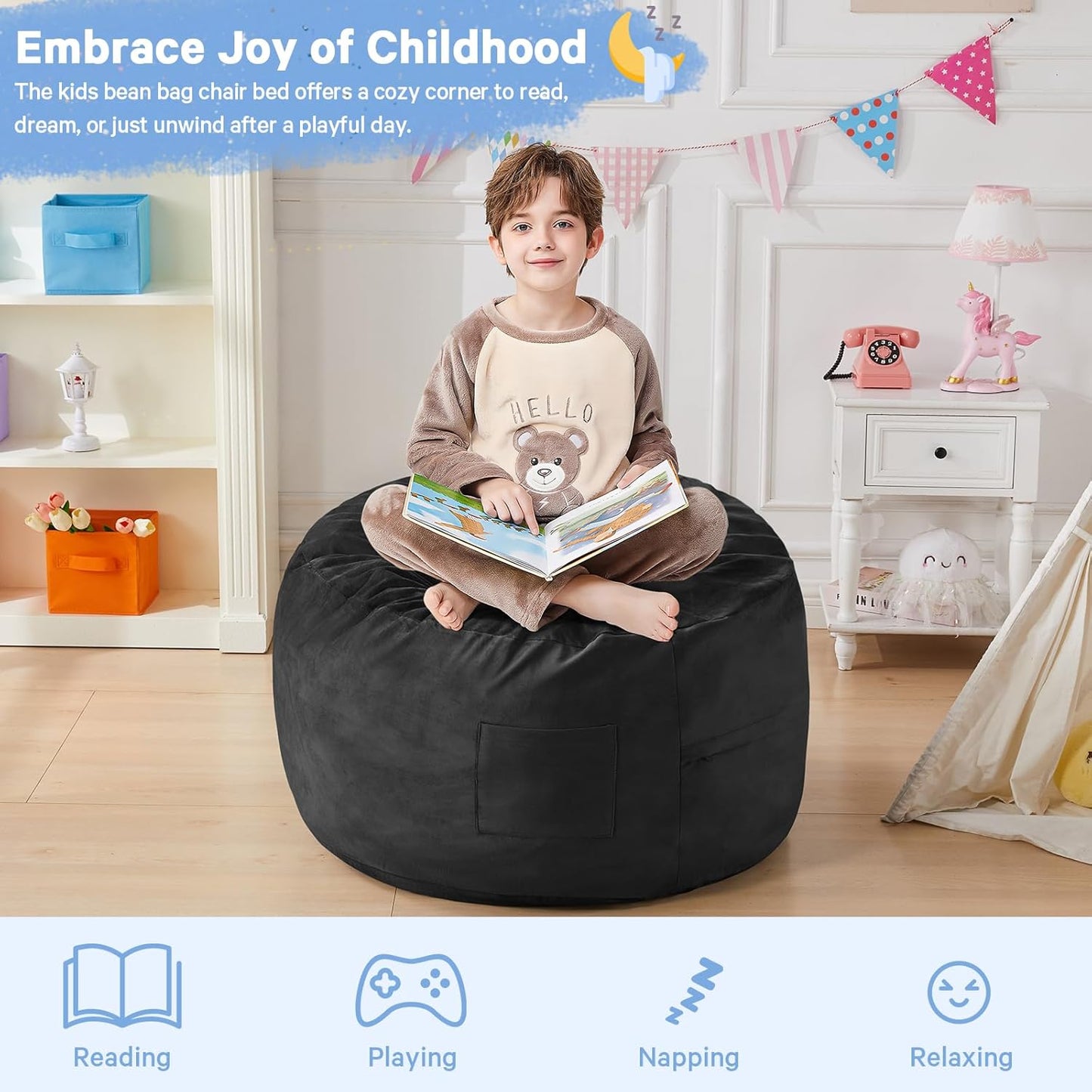 Kids Bean Bag Chair Bed - Convertible Lazy Chair to Floor Mattress with Filler - Small Beanbag Chair for Boys and Girls - Floor Couch Sofa in Bedroom, Classroom, Reading Nook - Carbon Black