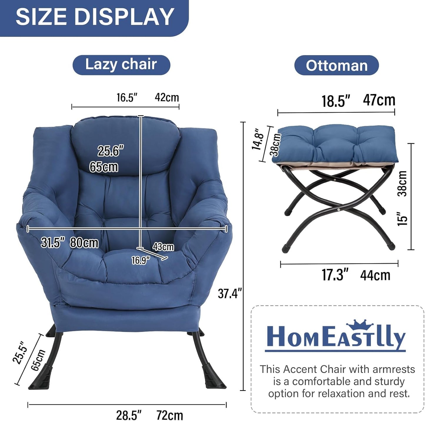 Large Lazy Chair with Ottoman, Accent Reading Chair with a Footrest, Cozy Lounge Armchair, Leisure Sofa Armchair for Living Room, Bedroom, Dorm Room, Office (Royal Blue)