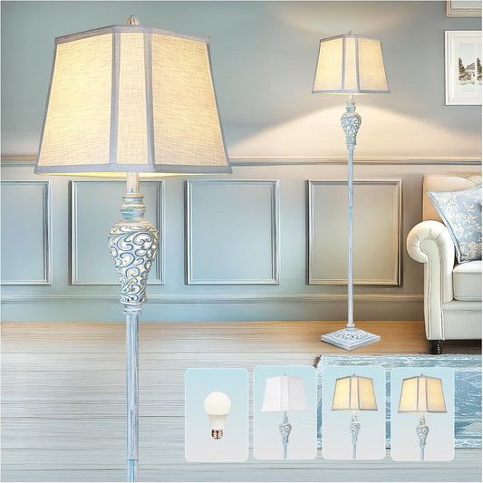 Vintage Floor Lamp with Nightlight, 65" Retro Standing Lamp with White Linen Shade, Washed Blue Finish Farmhouse Style Design Tall Lamp Decor for Living Room Bedroom Study Home Corner (Bulb Included)