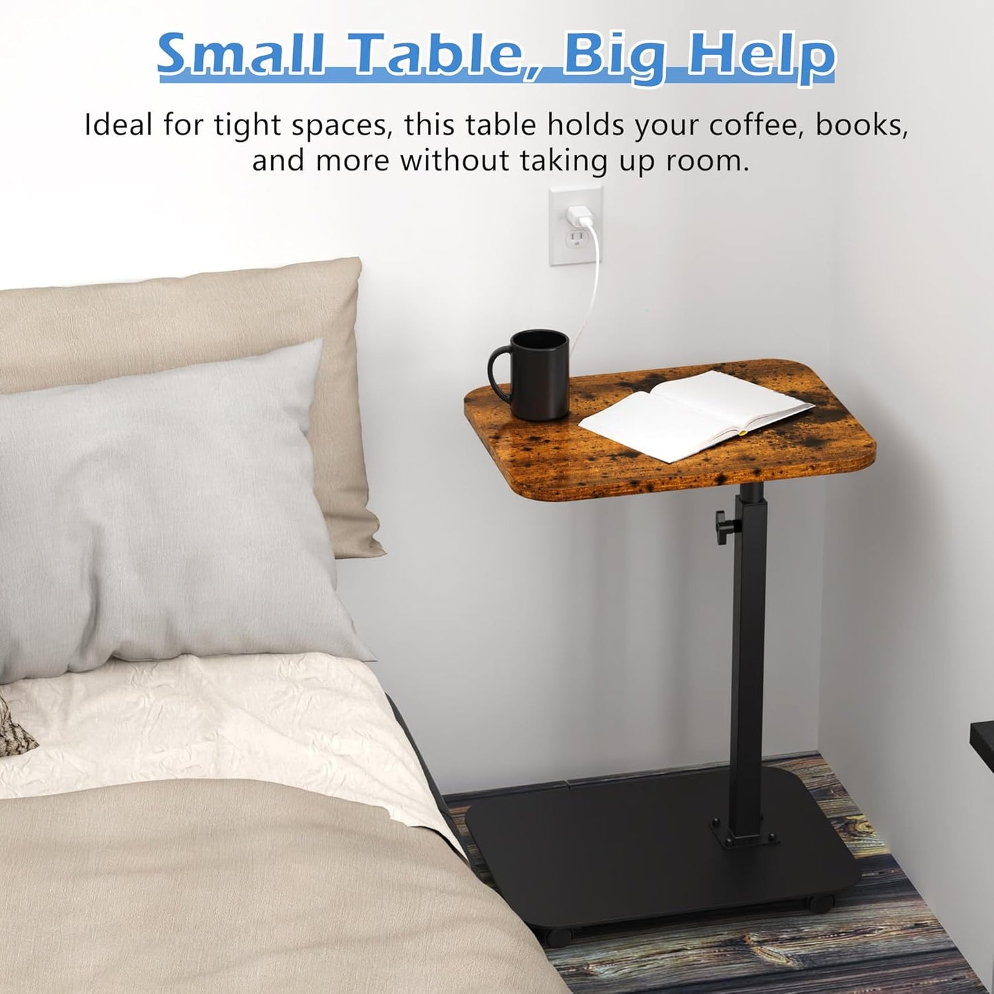 TV Tray Table Heavy Metal Base with Wheel Swivel/Adjustable Height Couch Table, Sofa Arm End Side Table for Living Room and Bedroom, Bed or Small Spaces