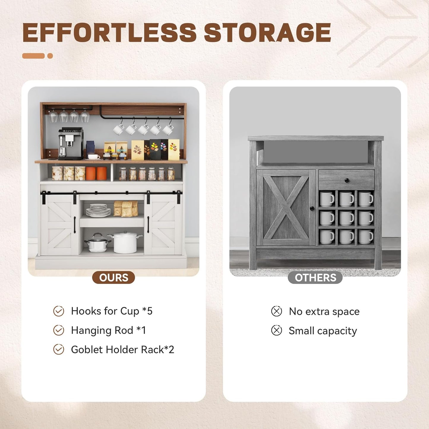 YITAHOME 47" Coffee Bar with Goblet Holder & Power Outlet, Buffet Cabinets with Storage,Farmhouse Sideboard Cabinets with Sliding Barn Doors for Kitchen, Living Room (White)