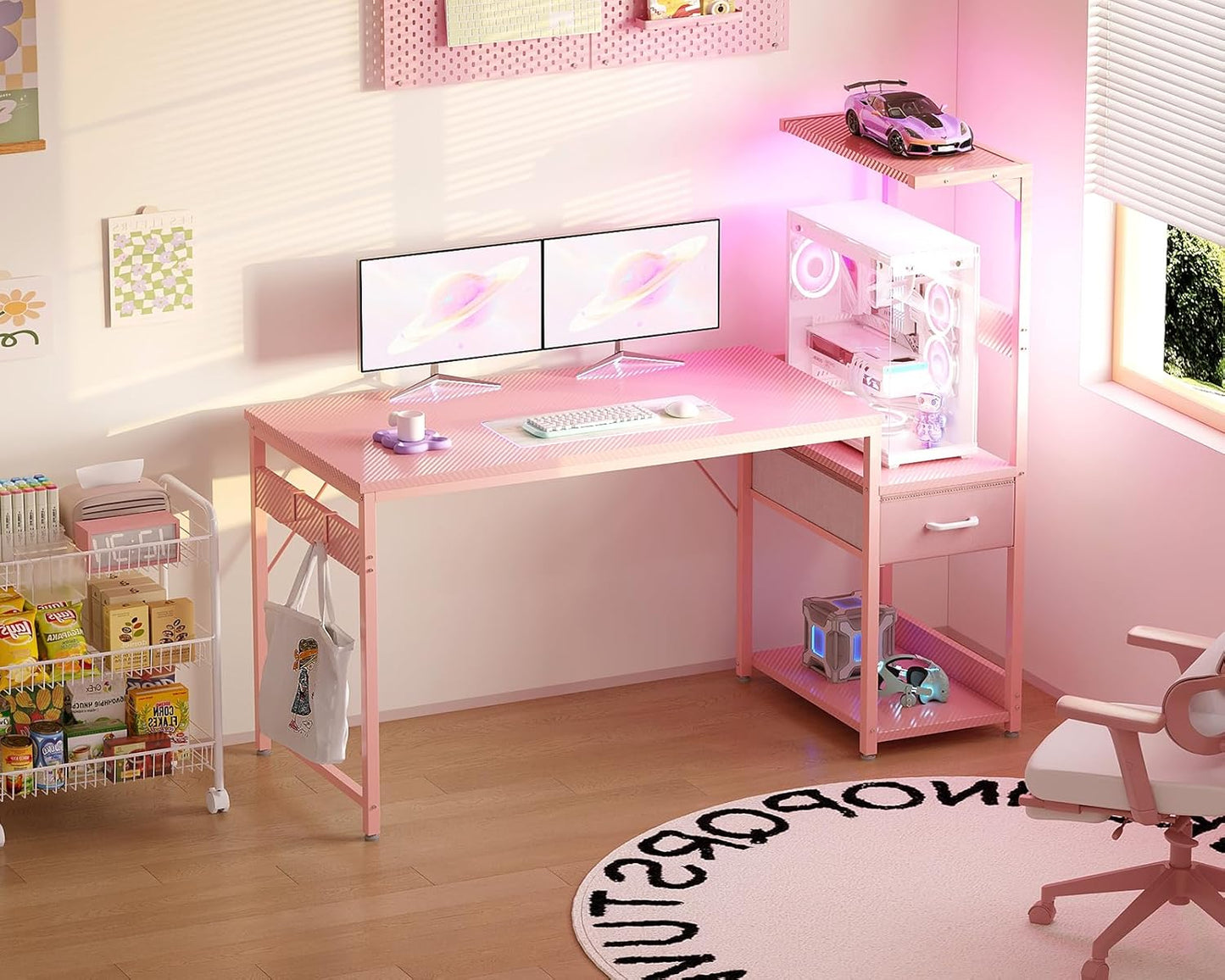 Casaottima 48 Inch Gaming Desk with Storage & LED Lights, Reversible Computer Desk with Display Shelves & Fabric Drawer, Modern Gamer Desk Table with Side Headphone Hook, Carbon Fiber Pink