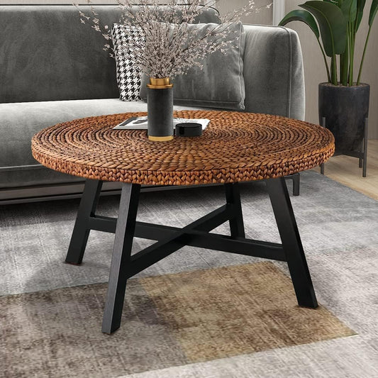 RANDEFURN Round Coffee Table, Seagrass Coffee Solid Pine Wood X Base Frame Cocktail Table, Easy Assembled, Multiple Sizes for Living Room, 32 x 17 Inches,Gold
