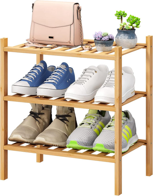 Small Shoe Rack, 3-Tier Shoe Rack for Entryway, Bamboo Wood Shoe Shelf for Closet & Hallway, Long 17.2IN | Beautiful | Functional | Sturdy | Durable