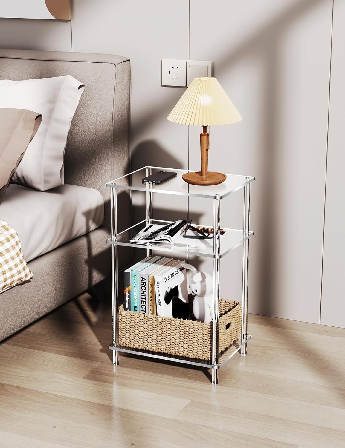 Acrylic Side Table Clear 3-Tier End Table for Living Room, Office, Hallway, Bedroom Small Bedside Table (8mm Thick Shelves)