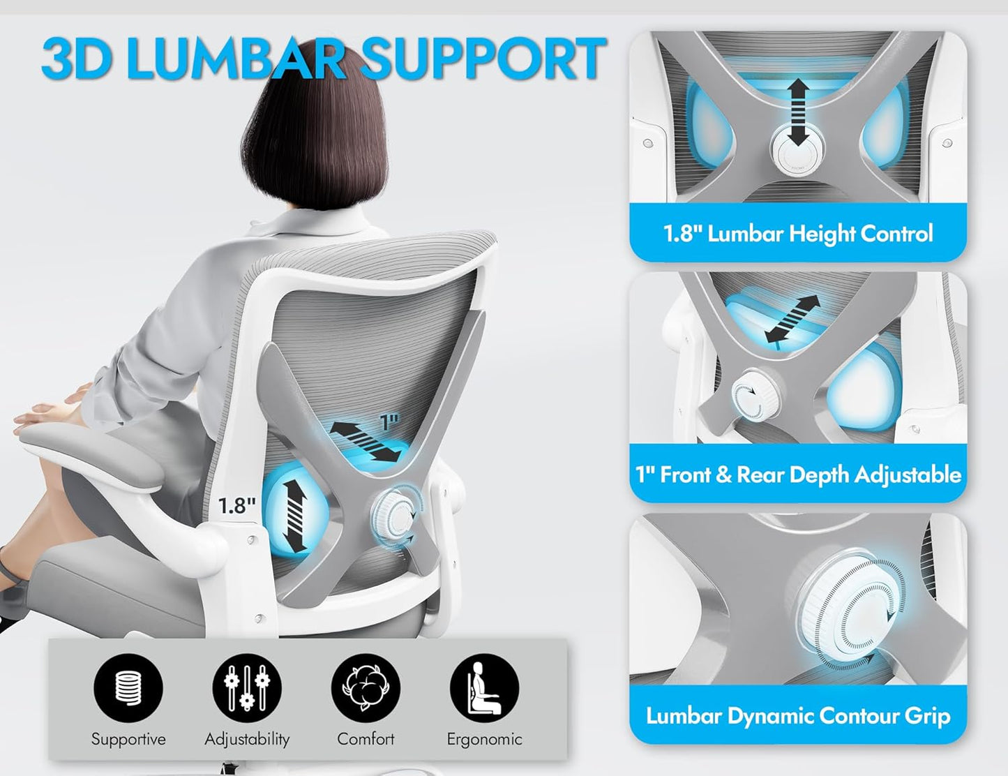 Ergonomic Office Chair with Lumbar Support - Adjustable Computer Desk Chairs for Home Office, Gaming, and Work - Comfortable and Supportive Desk Chairs for Adults(Grey Silver)