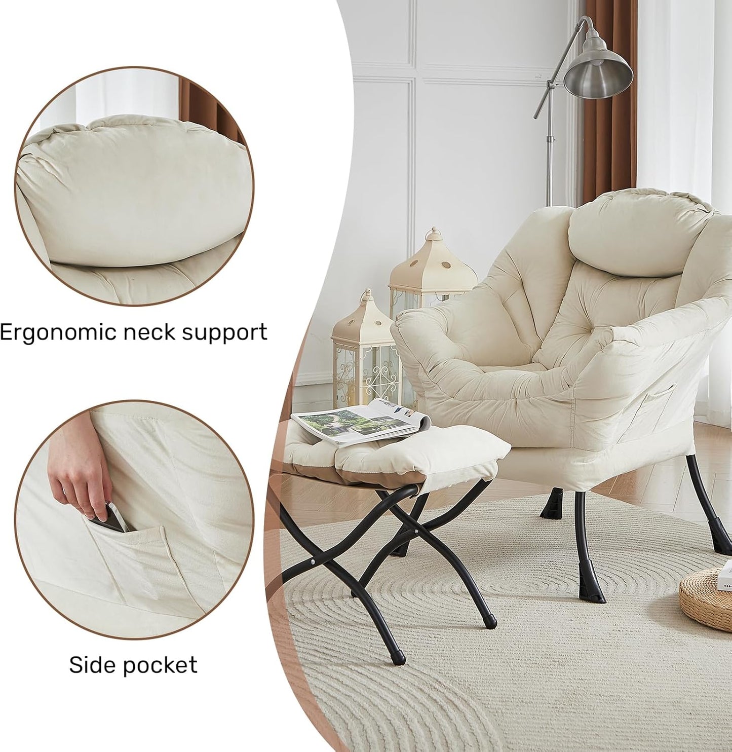 HollyHOME Fabric Lazy Chair with Foldable Ottoman, Accent Comfy Lounge Arm Chair and Folding Footrest Stool Set, Leisure Sofa Reading Chair and Footstool for Living Room, Bedroom, Dorm, Beige
