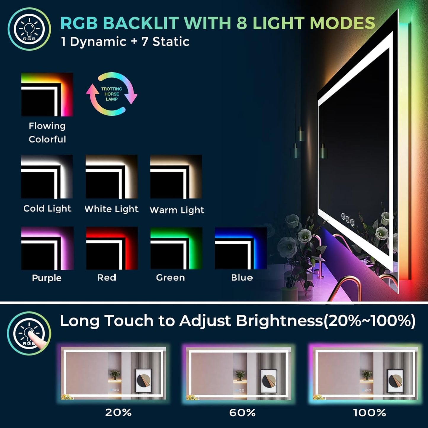 80x40 Inch RGB LED Bathroom Mirror Front Light and RGB Backlit Lighted Vanity Mirror for Bathroom Wall Mounted Dimmable Anti Fog Memory Shatter-Proof IP54 Waterproof Horizontal/Vertical