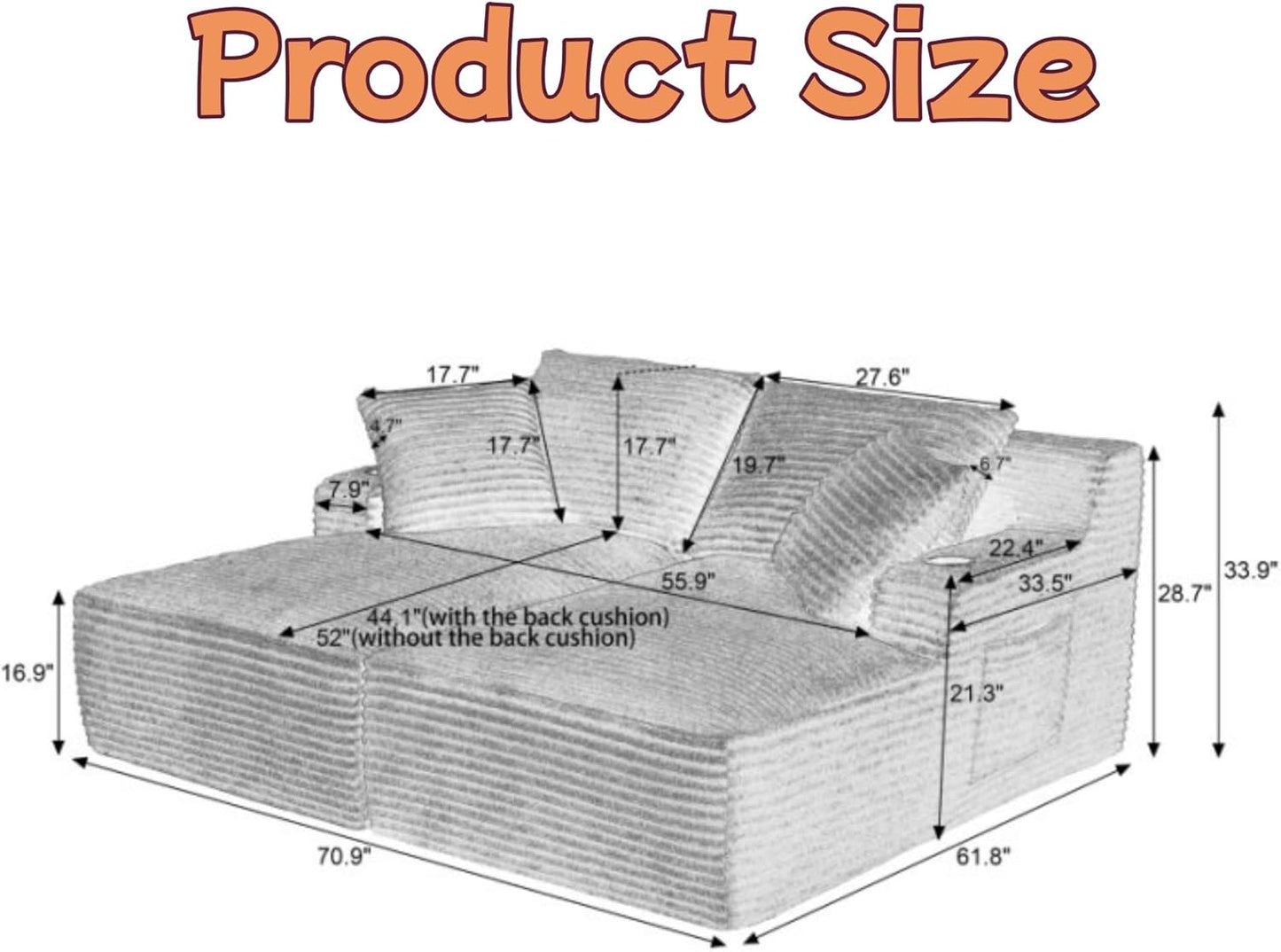 Oversized Sectional Double Chaise Lounge, Compressed Boneless Lounge Chaise with Cupholders, Boneless Sofa with Deep Seat, Fluffy Modern Sleeper Loveseat for Indoor Living Room, Orange