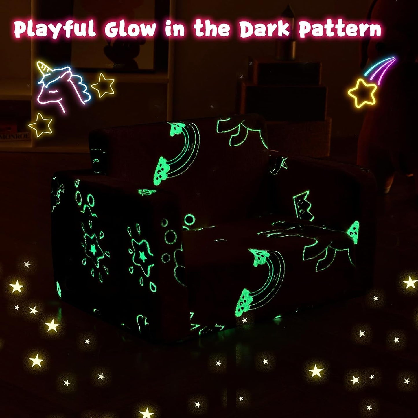 Toddler Couch,Toddler Chair,Kids Chair 2-in-1 Baby Seat Furniture Fold Out, Convertible Sofa to Lounger Comfy Glow in The Dark Sofa Bed,Gifts for Kids Girl Boys,Unicorns Rainbow,Medium