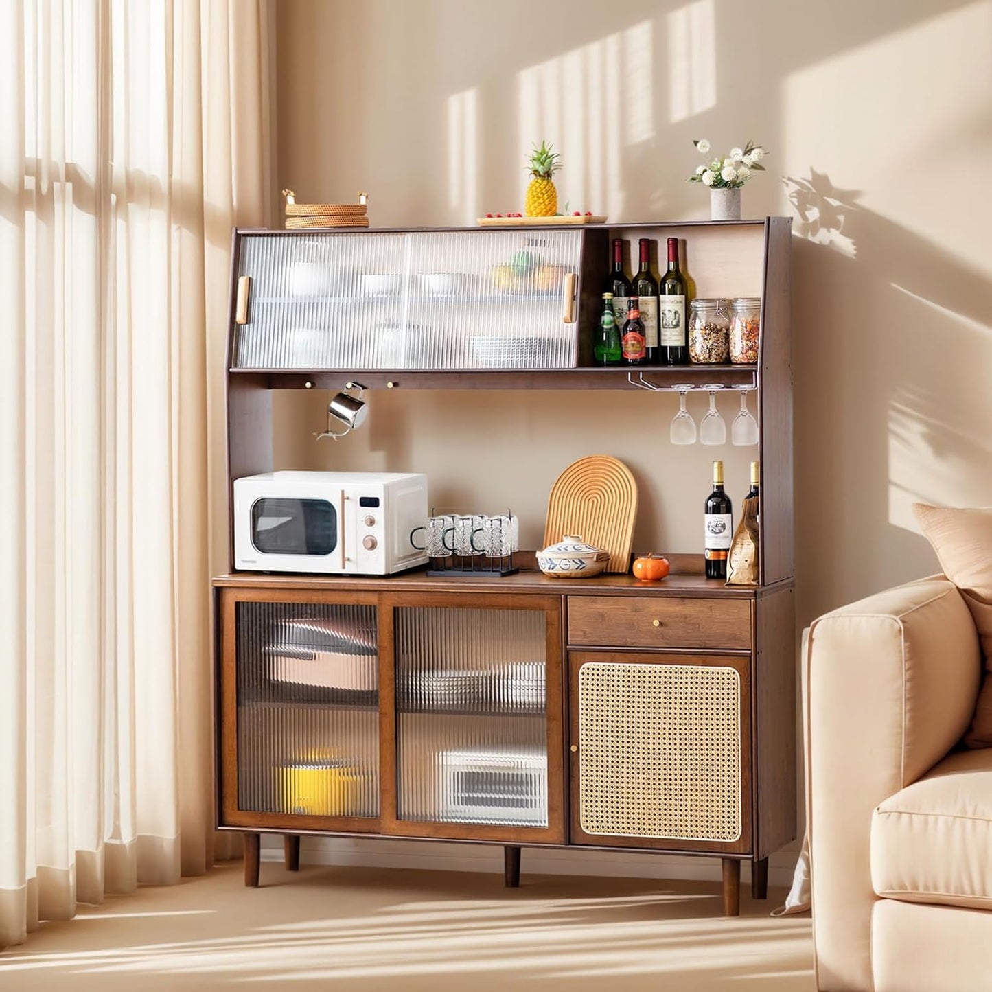 Tiita Kitchen Hutch with Countertop, 69” Rattan Solid Wood Pantry Cabinet with Hutch, Boho Bamboo Sideboard Buffet Cabinet, Boho Entryway Table for Living Room, Home Bar, Hallway, Walnut