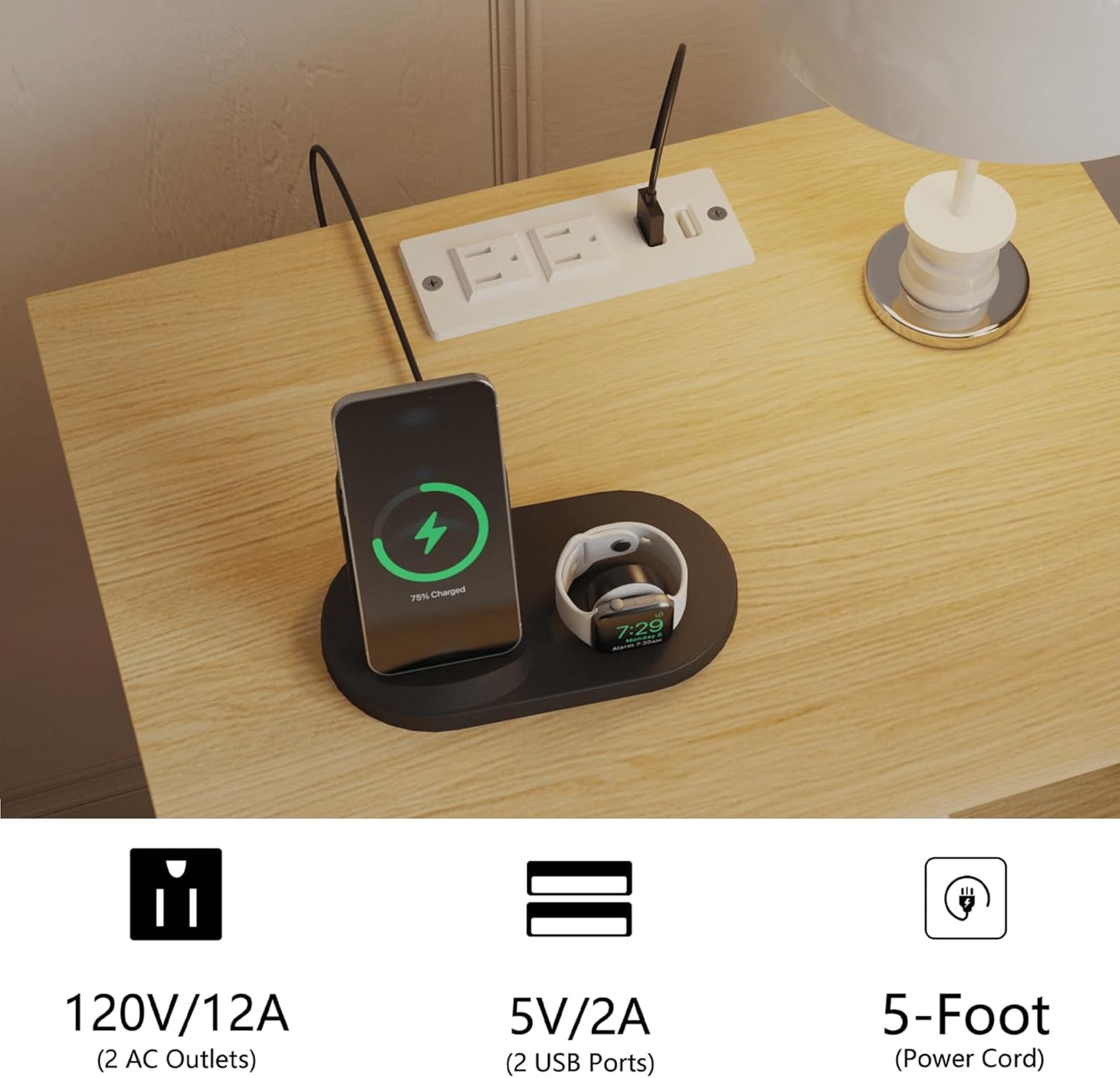 Rattan Nightstand with Charging Station,Farmhouse Bedside Table with 2 Storage Drawer and Open Wood Shelf, for Bedroom and Small Spaces,Night Stand with Solid Wood Legs (Yellow Oak-Outlet)