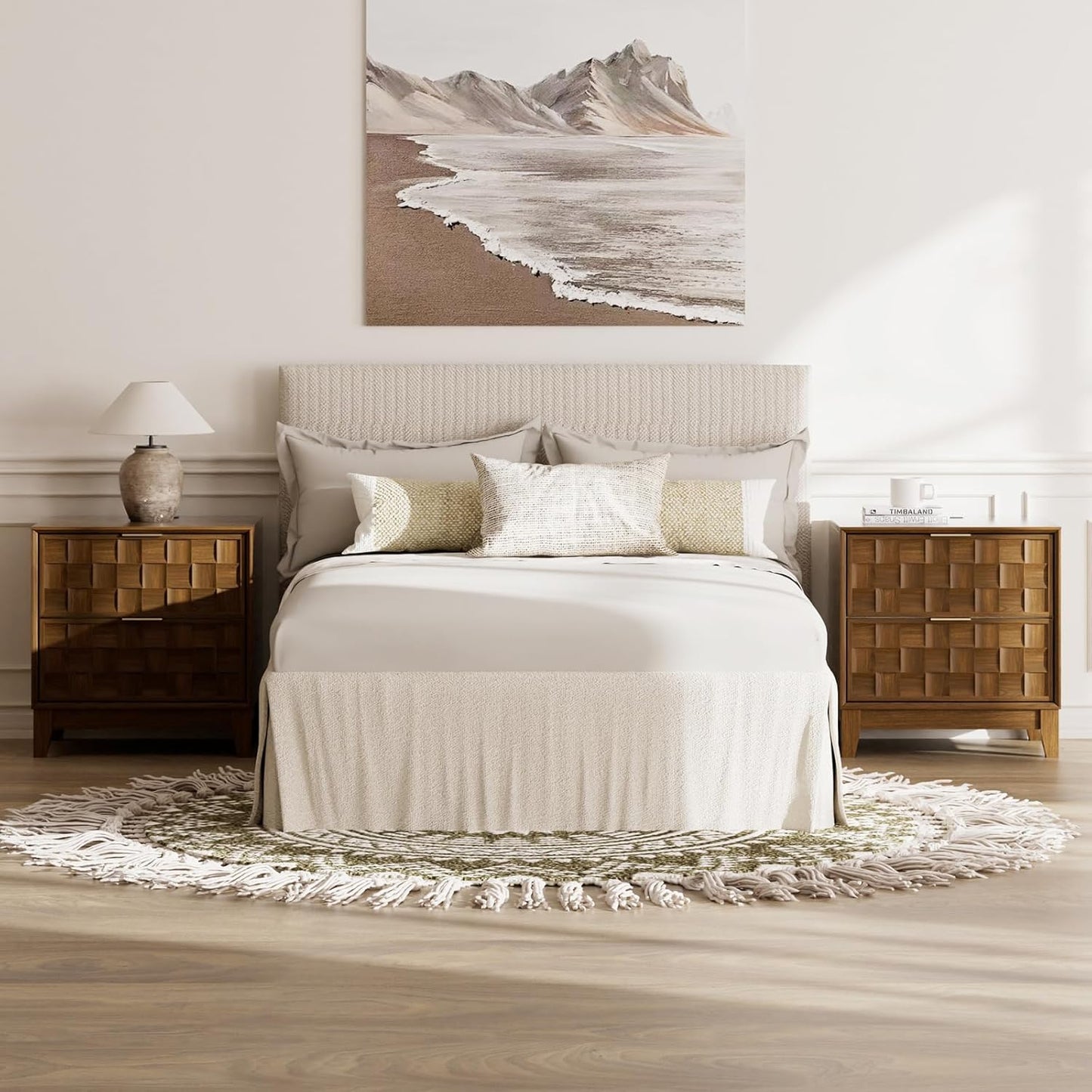 COLAMY Nightstand with Charging Station, 22" Modern Bed Side Table with 2 Storage Drawers and Chessboard Relieffor Bedroom, Dorm and Small Spaces - Walnut