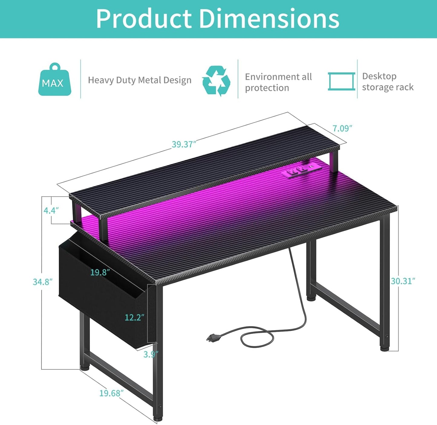 Lufeiya Gaming Desk with Power Outlets and LED Lights, 40 Inch Gamer Desk Table with Charging Station, Home Office Computer Desks with Monitor, Black
