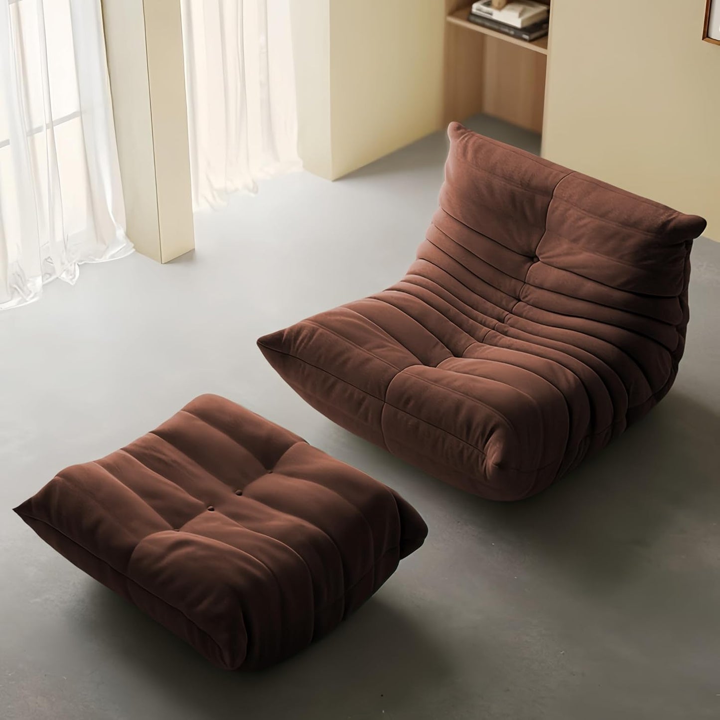 Bean Bag Chair - Memory Foam Bean Bag Chair for Adults, Comfy High-Resilience Single Sofa, Small Space Floor Chair, Chaise Lounge for Living Room, Bedroom(Dark Brown, Wrinkles+Ottoman)