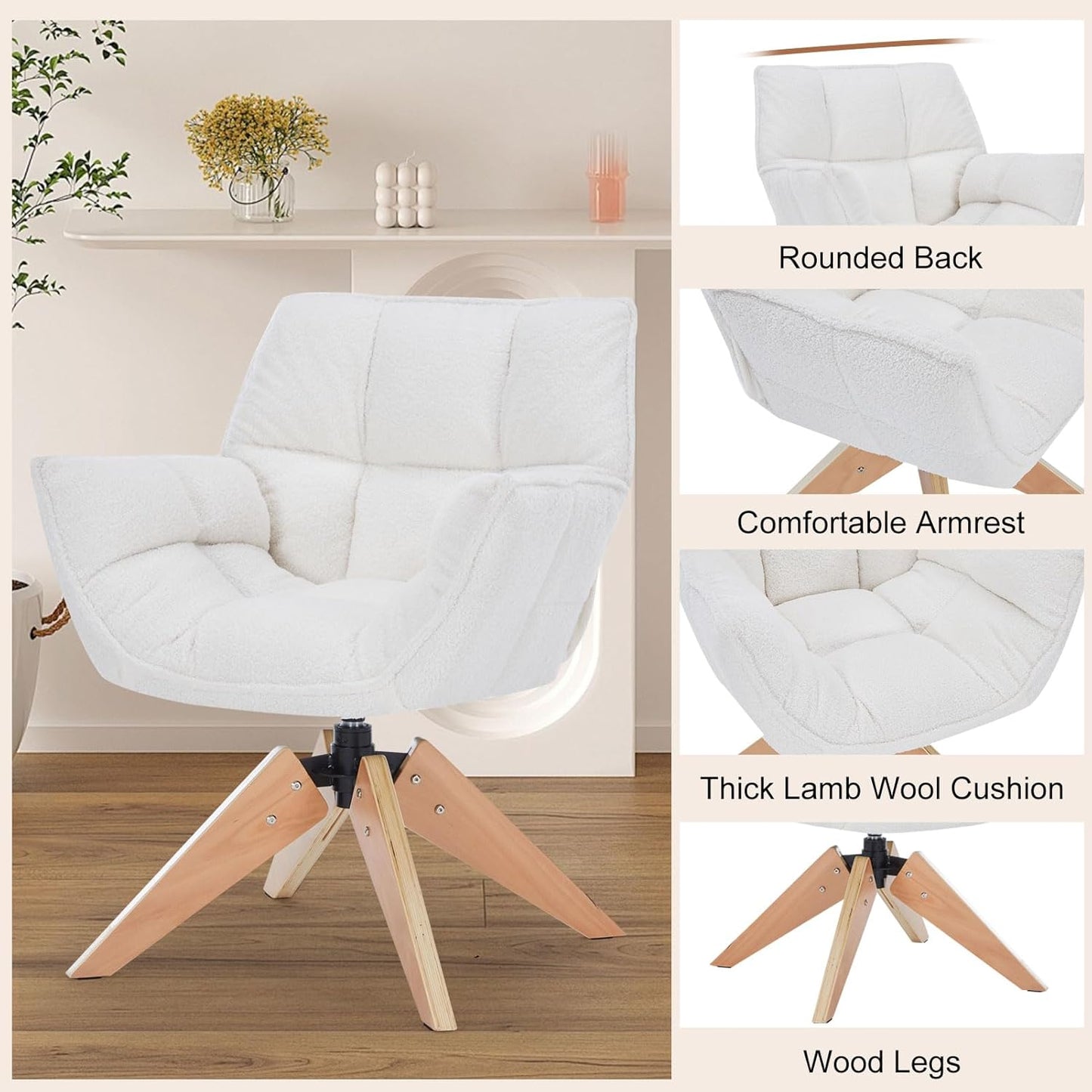 Mid Century Accent Chair, Lambs Wool Vanity Chair Modern Cozy Desk Chair no Wheels with Amrest, Wood Legs for Living Room, Reading Room, Bedroom, White