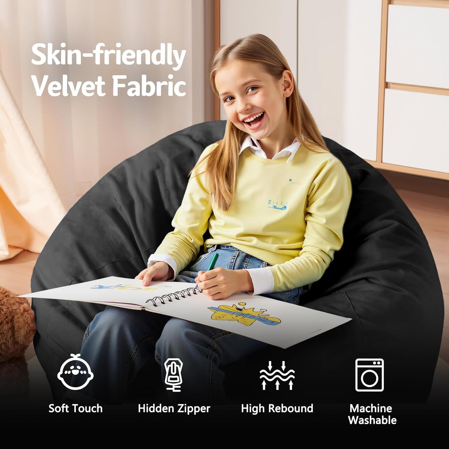 Homguava 2FT Bean Bag Chair: 2' Bean Bags with Memory Foam Filled,Comfy Beanbag Chairs Round Bean Bag Sofa with Dutch Velvet Cover-Black