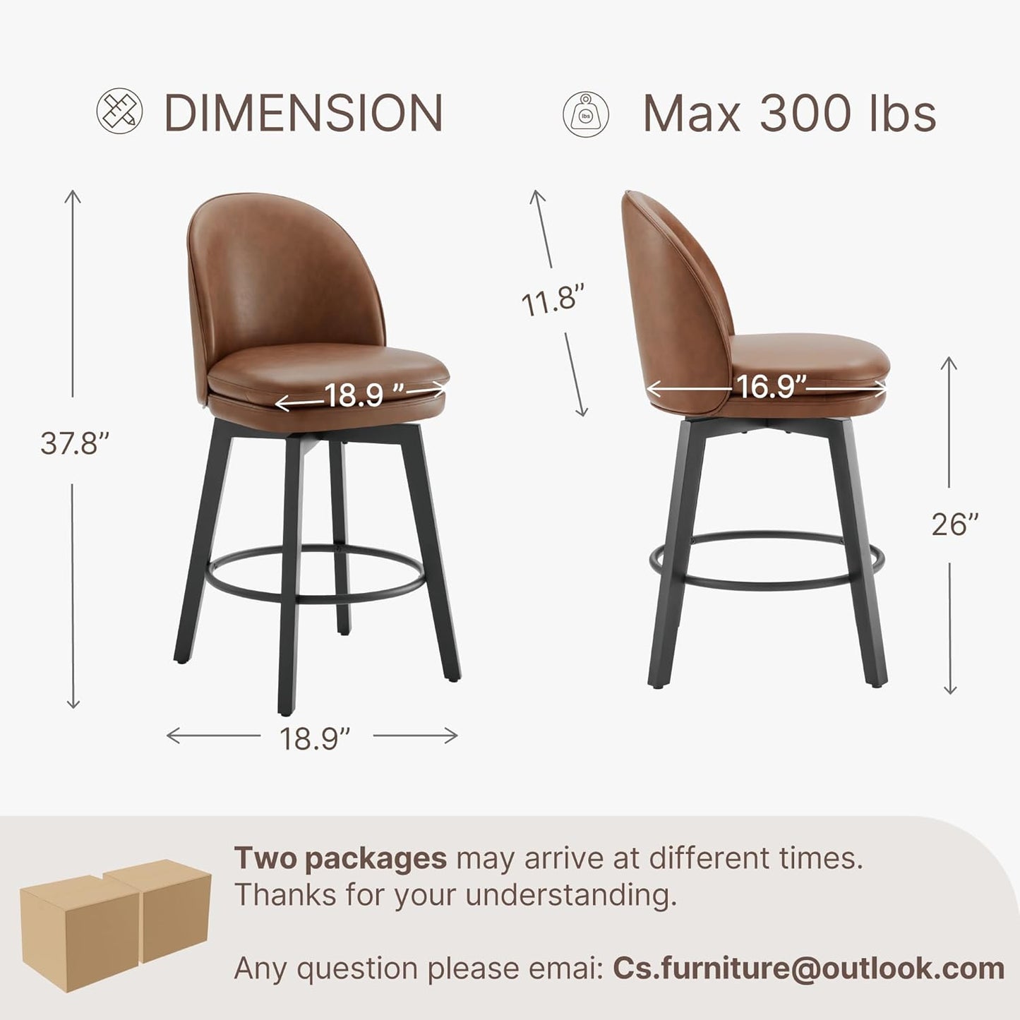 Counter Height Barstools 26 inch Upholstered Swivel Bar Stools with Back and Wood Legs for Kitchen Island,Set of 3,Brown PU Leather-Armless