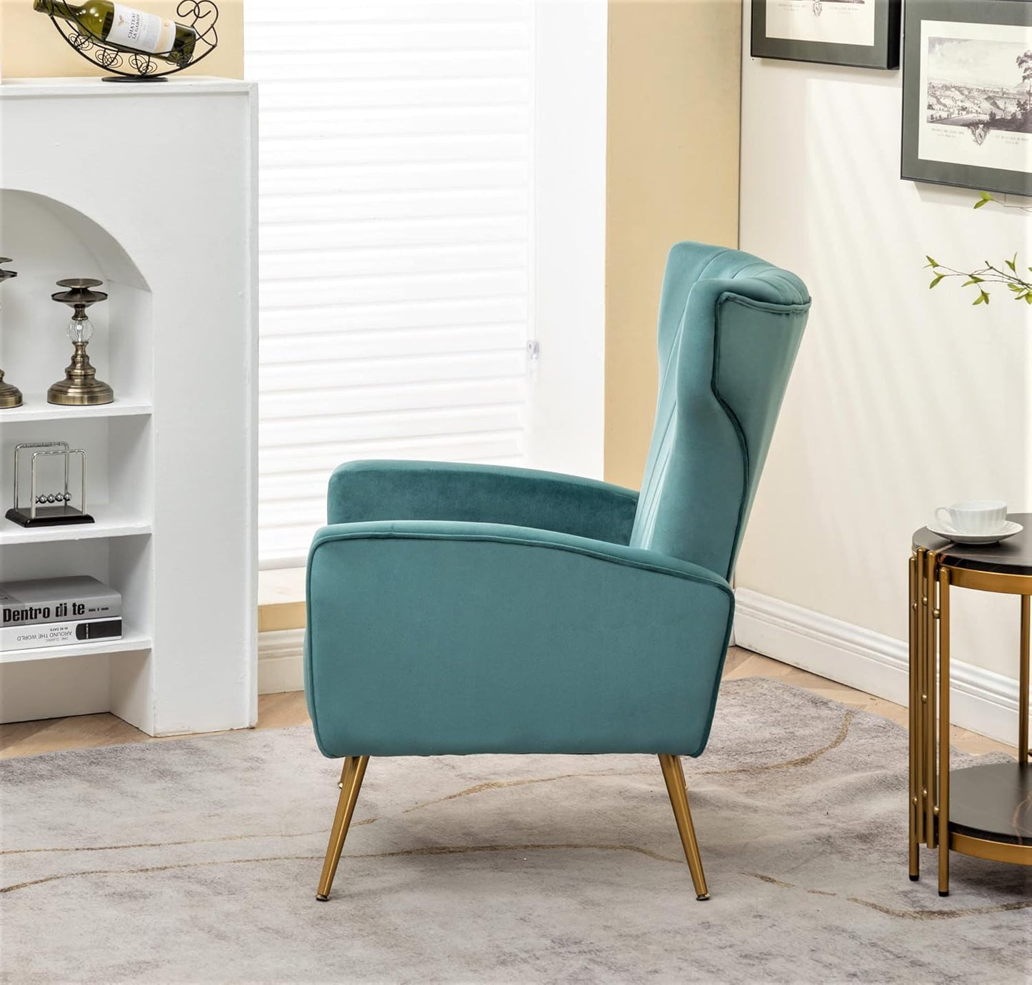Container Furniture Direct Modern Velvet Accent Chair, Channel Tufted Bedroom, Office or Living Room Furniture with Elegant Metal Legs, 26" Wide Armchair, Teal