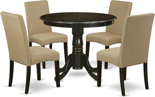 East West Furniture ANDR5-CAP-03 5 Piece Kitchen Table & Chairs Set Includes a Round Dining Room Table with Pedestal and 4 Brown Linen Fabric Parson Dining Chairs, 36x36 Inch, Cappuccino