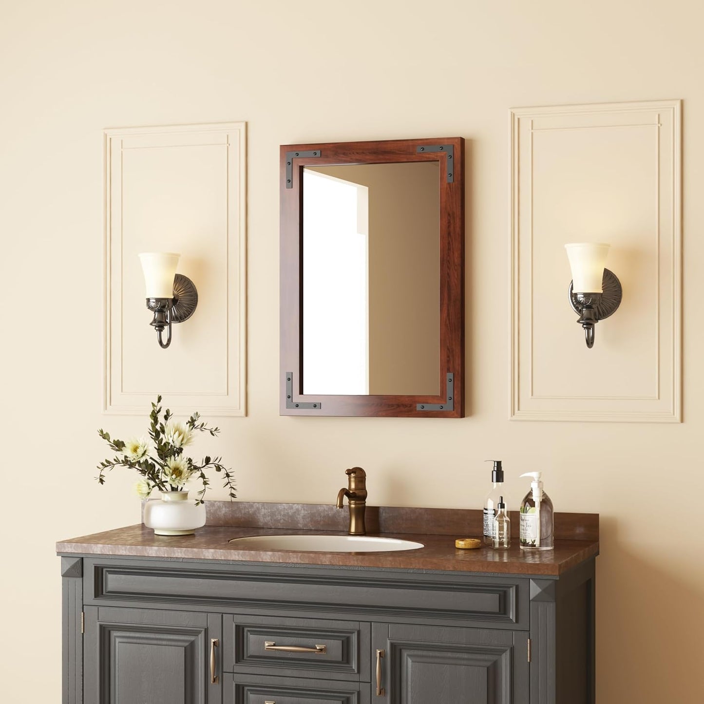 VocalStar Rustic Wood Framed Mirror 18 x 26 Inch, Natural Dark Brown Wooden Rectangle Bathroom Vanity Wall Mirror for Farmhouse Boho Decor, 1/4-inch Shatterproof Glass | Waterproof