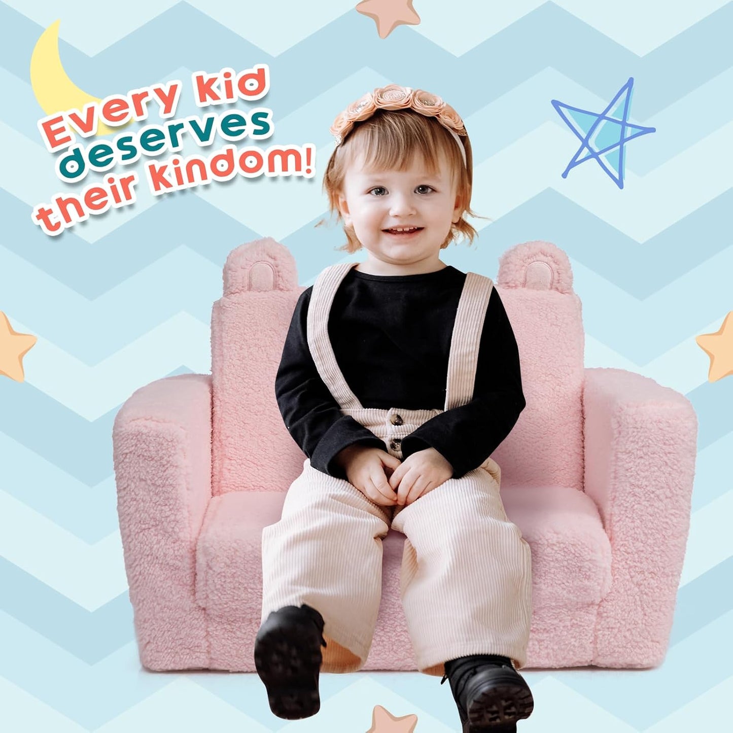 ALIMORDEN Fold Out Toddler Couch, Comfy 2-in-1 Cuddly Sherpa Bear Chair for Kids, Convertible Sofa to Lounger, Kids Cozy Corner Play Couch for Boys and Girls, Pink