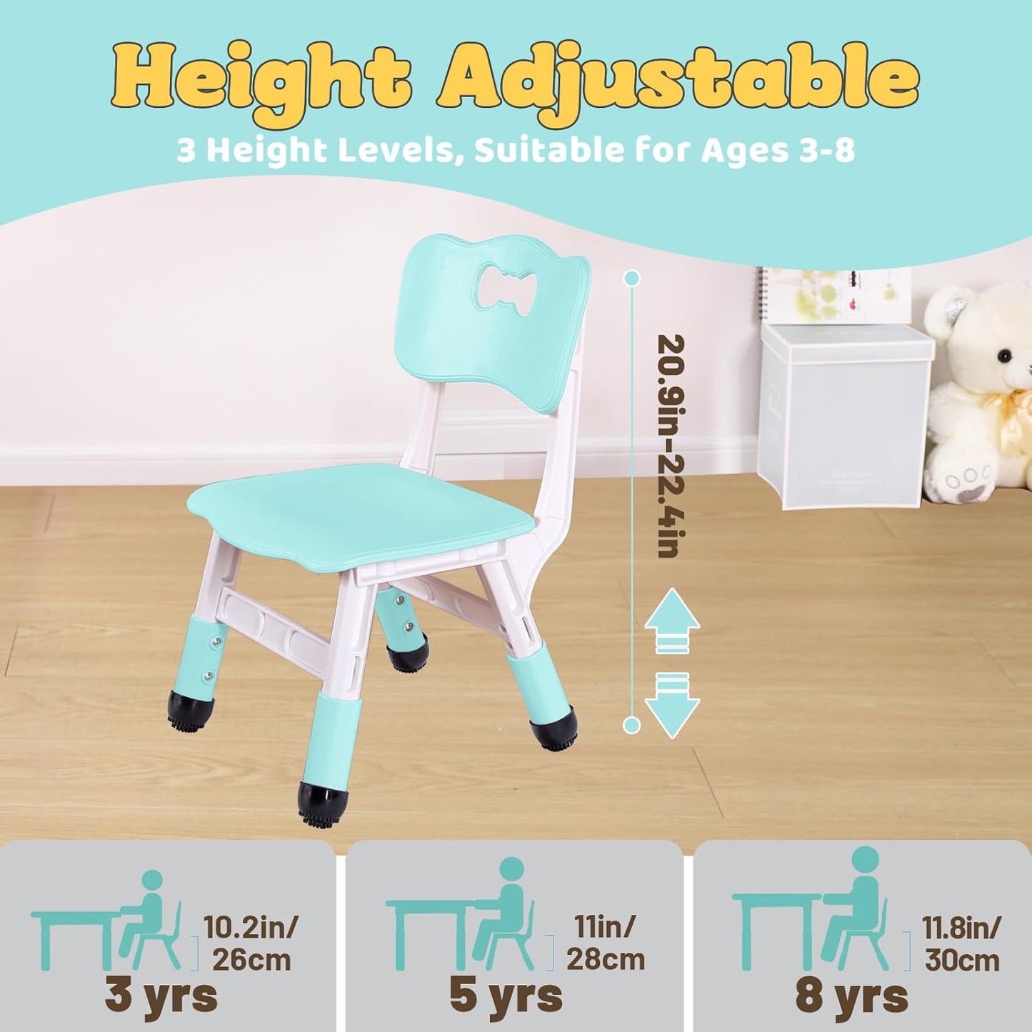 FUNLIO Adjustable Kids Chair (2pcs), 3 Level Height Adjustable Toddler Chair for Ages 3-8, Sturdy Child Chair with Maximum Bearing 220lbs, for Classrooms/Daycares/Homes, CPC & CE Approved - Green