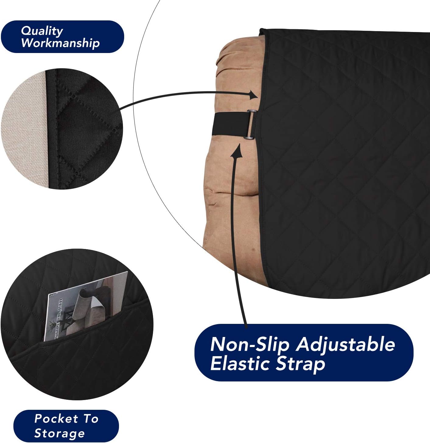 PureFit Reversible Sofa Cover Water Resistant Recliner Couch Cover, Machine Washable Furniture Cover with Adjustable Strap for Dogs, Pets (Recliner, Black/Beige)