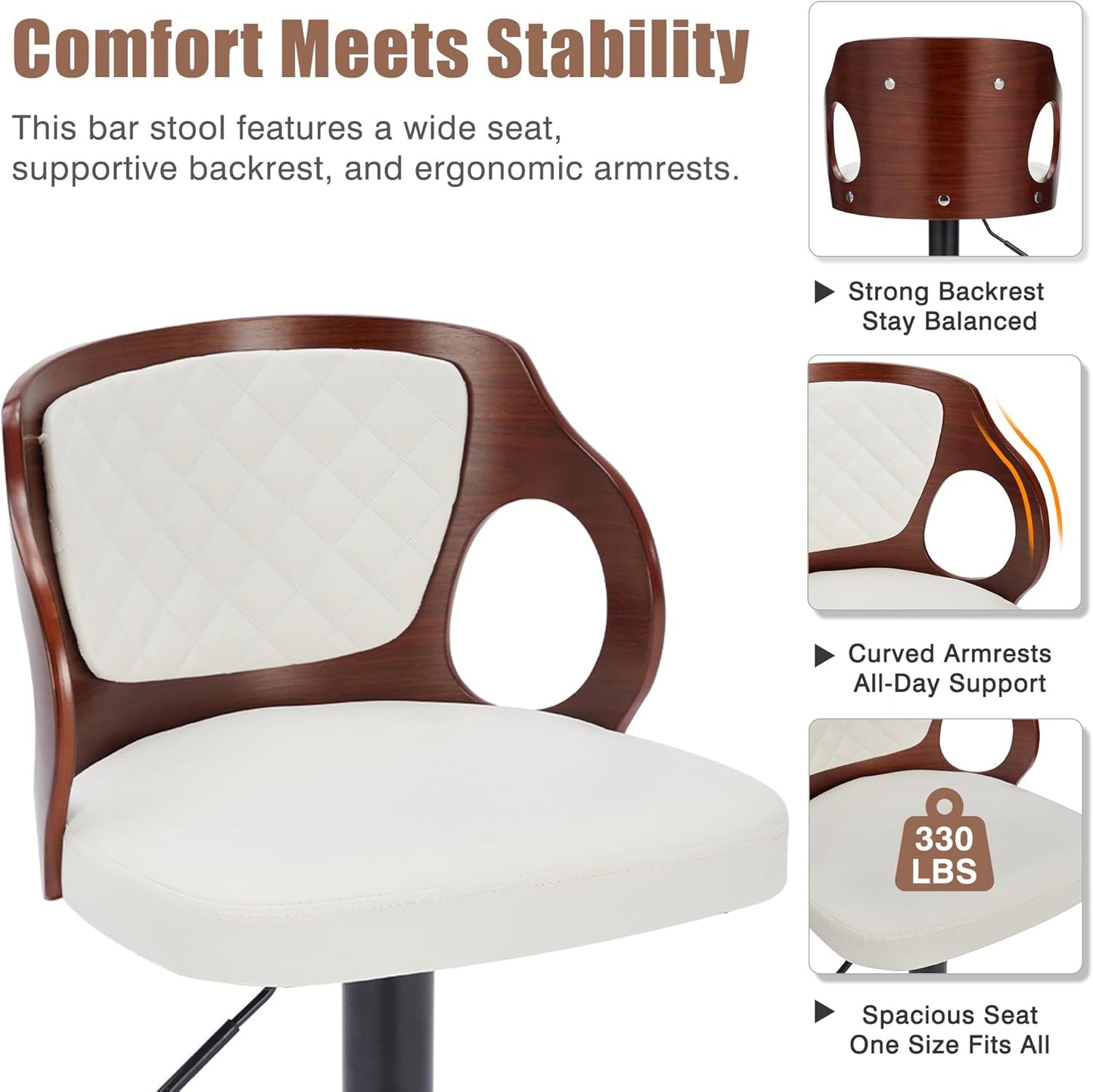 VECELO Bar Stool Set of 4, Kitchen Island Stools with Bentwood Back,Arm&Footrest,Island Chairs Adjustable Height PU Leather Cushion Seat,360°Swivel Stools for Kitchen Counter,Club Pub,Pearl White