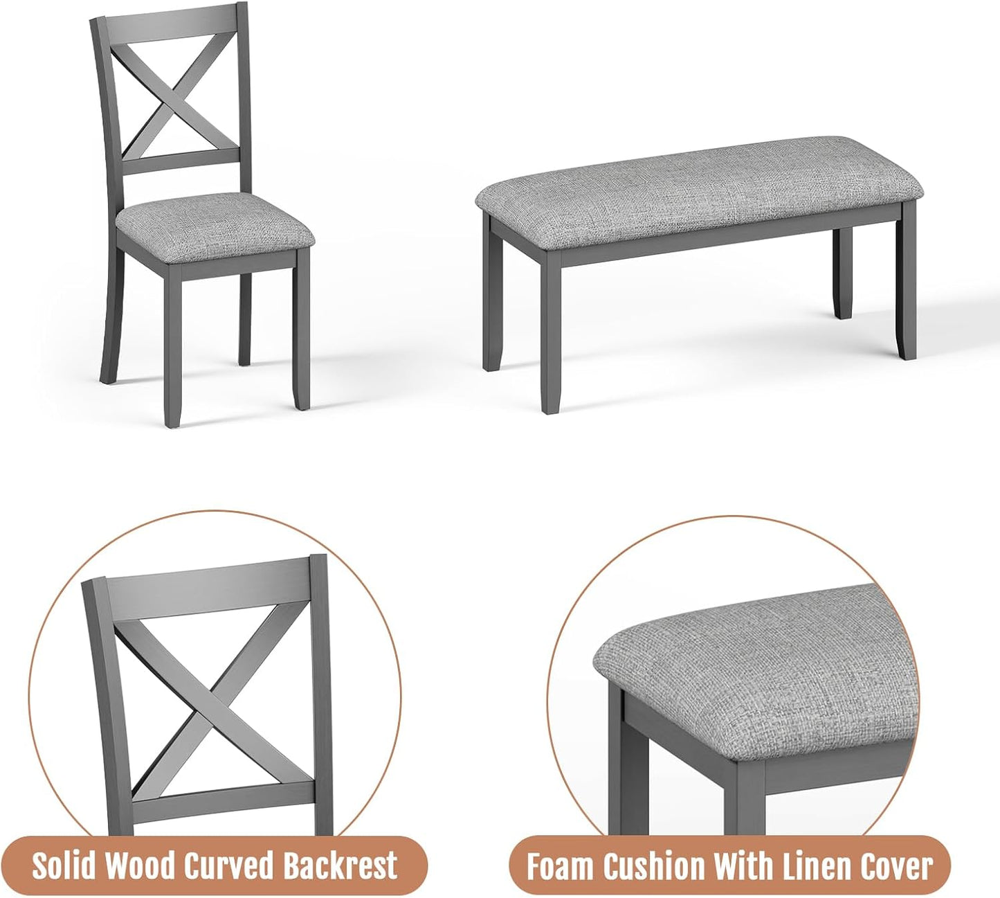 6-Piece Wooden Dining Table Set, Dining Table Set for 6, Including 1 Dining Table, 4 Upholstered Chairs and 1 Bench, Wooden Legs Dining Table, Table Set for Dining Room, Grey