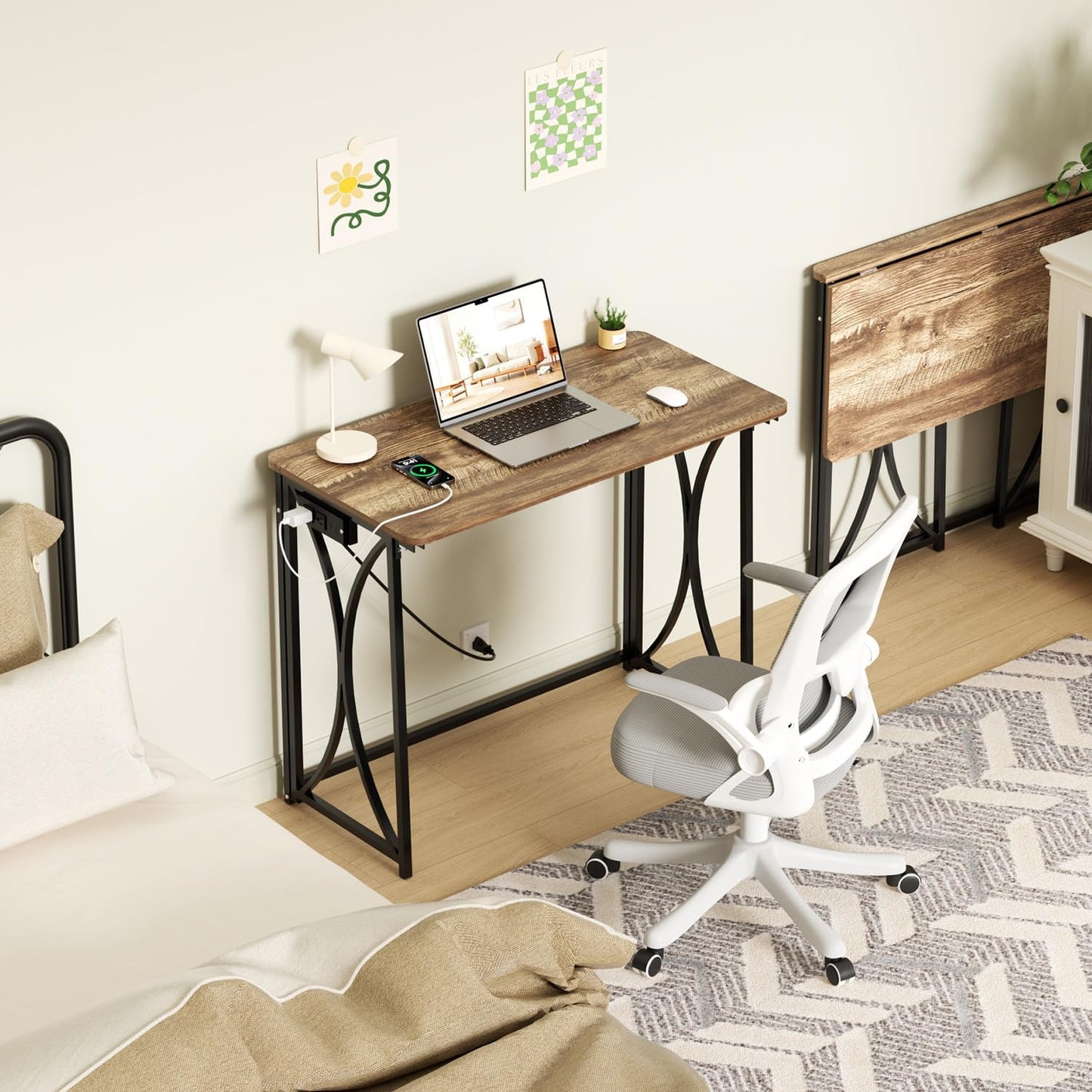 Small Desk, 31.5" Folding Table for Bedroom with Power Outlet, Space Saving Folding Computer Desk for Home Office, Easy Assembly, Light Brown