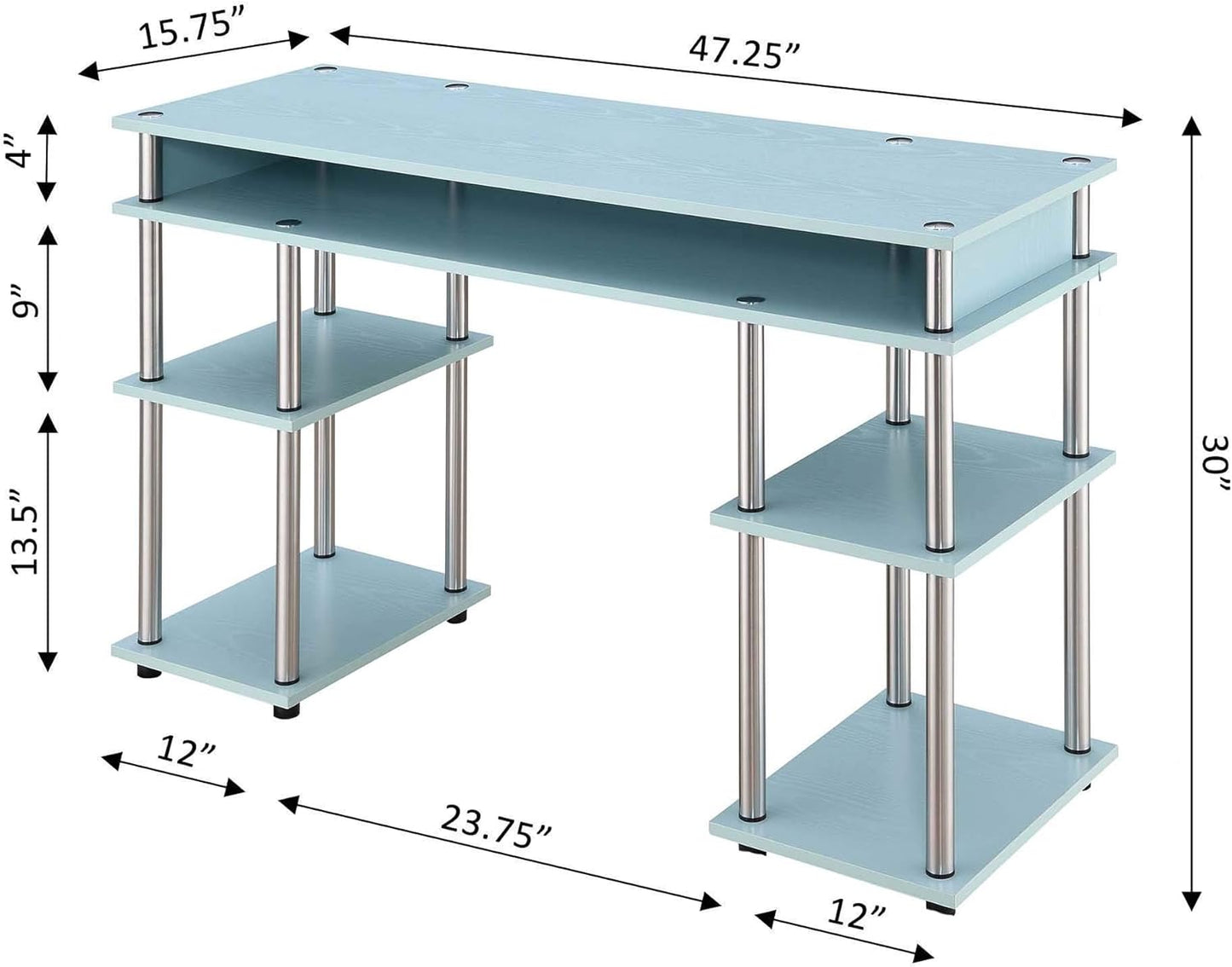 Convenience Concepts Designs2Go No Tools Desk Home Office Desk with Shelves, Corner Shelf Vanity Desk Computer Desk Nail Table for Nail Tech - 47.25" L x 15.75" W x 30" H, Sea Foam
