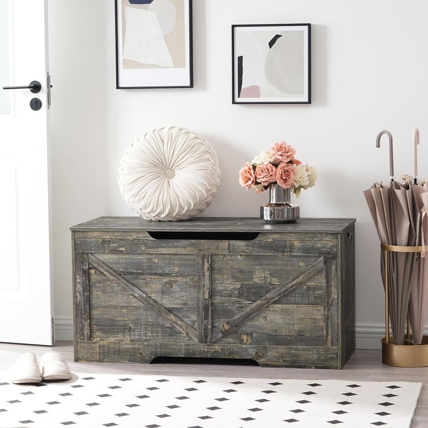 HOOBRO Storage Bench, 39.4” Retro Wooden Storage Chest with U-Shaped Cut-Out Pull, Safety Hinge, Supports 220 lb and Easy Assembly for Toy Box Organizer (Vintage Gray) VP771CW01