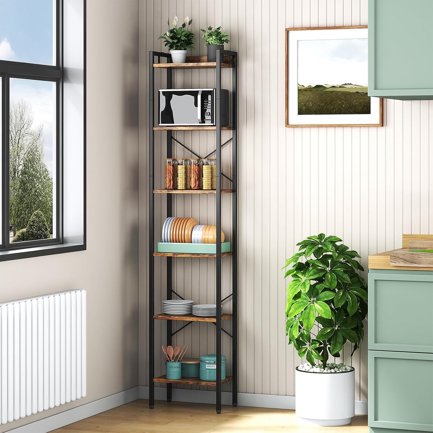 5 Tier Bookshelf, Bookcase with 5 Shelves, Storage Rack Organizer, Corner Wood Storage Shelf with Metal Frame for Bedroom, Living Room (Rustic Brown)