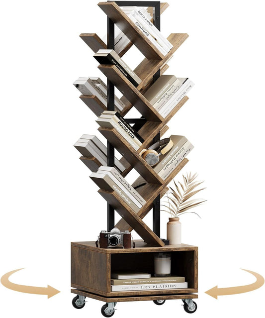 49" Rotating Tree Bookshelf, 7 Tier Double Sided Shelf, Wood Corner Bookshelf with Wheels, 360 Display Spinning Bookcase Storage Rack, Ideal for Small Rooms, Easy Assembly, Rustic Brown