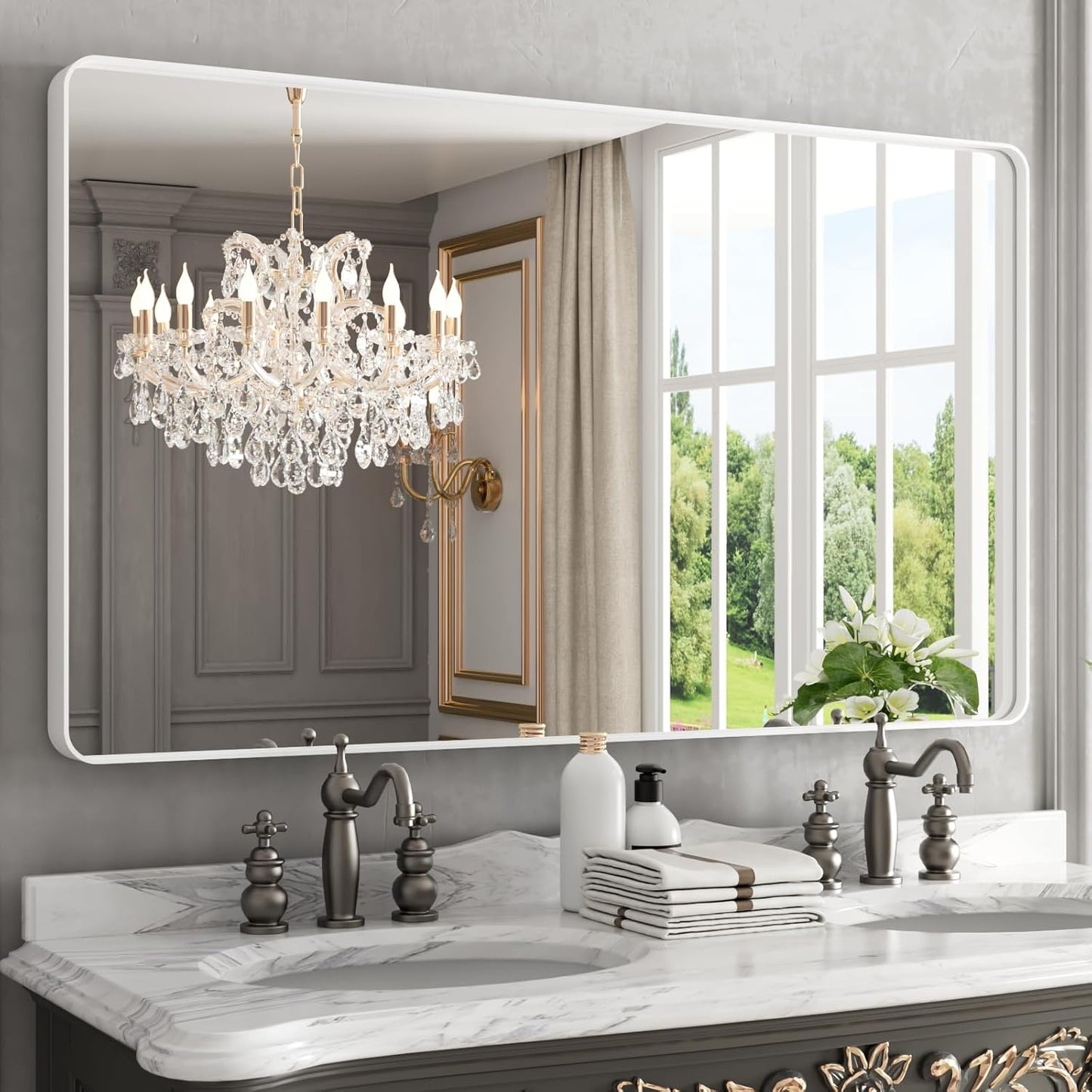 WEER White Bathroom Mirror 50X30 Inch, Rounded Rectangle White Metal Frame Mirror, Matte White Bathroom Vanity Mirror with Tempered Glass, Anti-Rust, Hangs Horizontally or Vertically