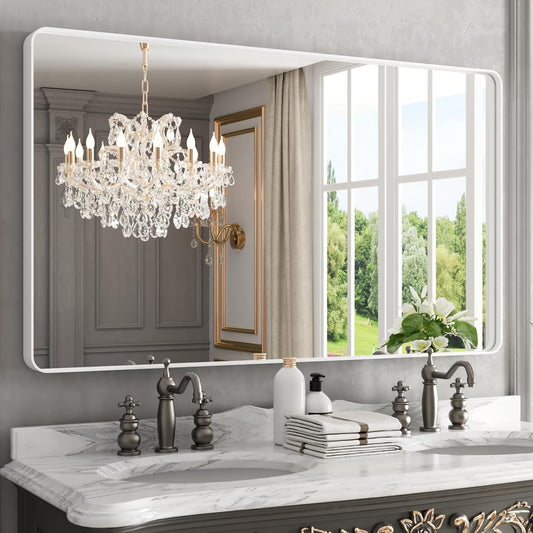 WEER White Bathroom Mirror 50X30 Inch, Rounded Rectangle White Metal Frame Mirror, Matte White Bathroom Vanity Mirror with Tempered Glass, Anti-Rust, Hangs Horizontally or Vertically