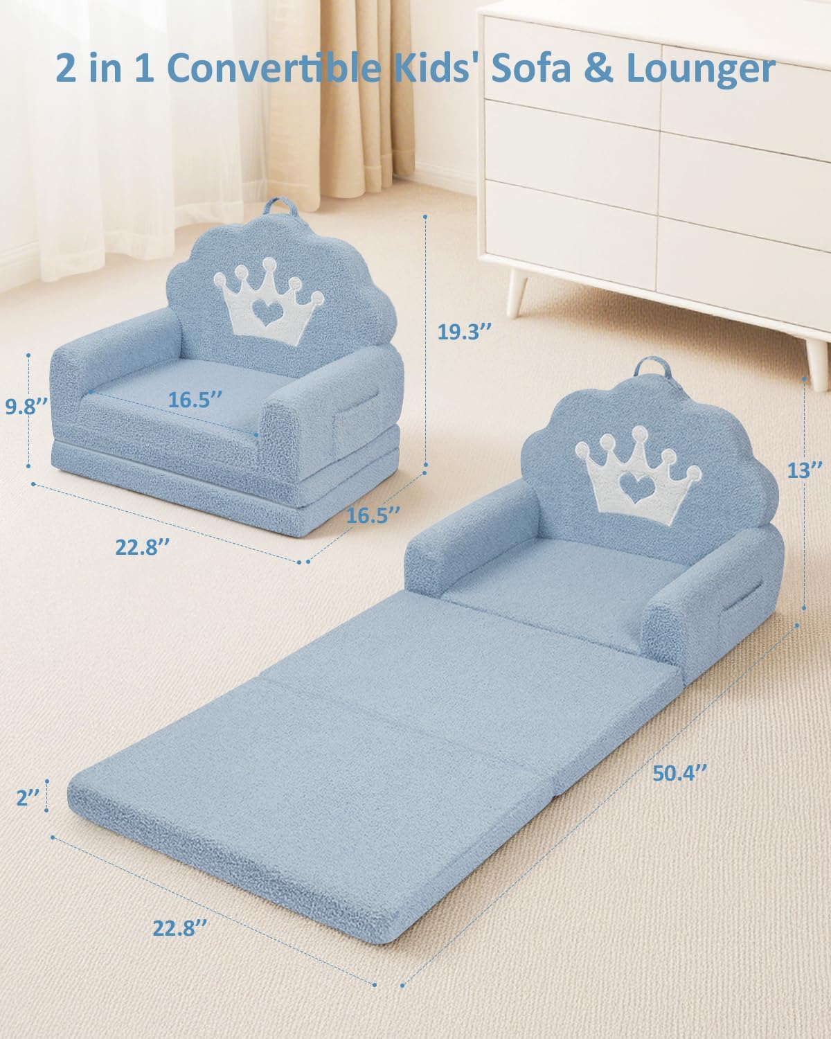 2-in-1 Kids Couch Fold Out, Soft Teddy Sherpa Toddler Couch with Crown Design, Convertible Kids Sofa to Lounger for Nap & Playtime, Cozy Children's Furniture for Boys & Girls, Blue
