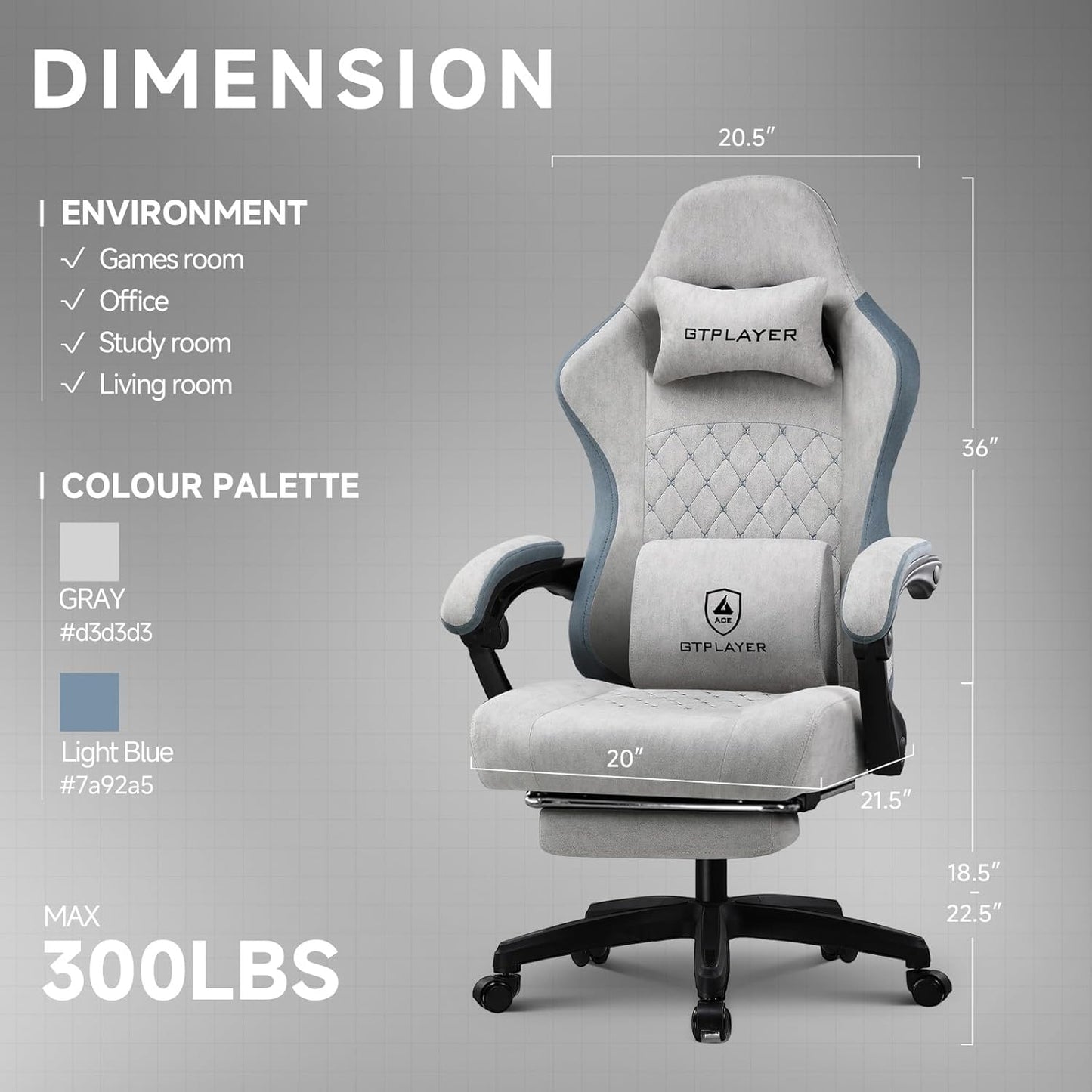 GTPLAYER Office Chair, Gaming Computer Desk Fabric Chair with Footrest, High Back Ergonomic Office Chair with Pocket Spring Lumbar Support and Linkage Armrests Adjustable Height Swivel for Home Task