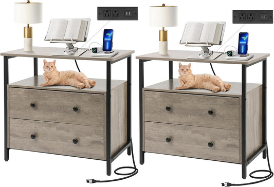 27 inch Wide Nightstand with Charging Station, Bedside Table with Open Shelf, 2 Drawers Small Wood Dresser, End Side Table for Bedroom (2 Pack,Rustic Gray)