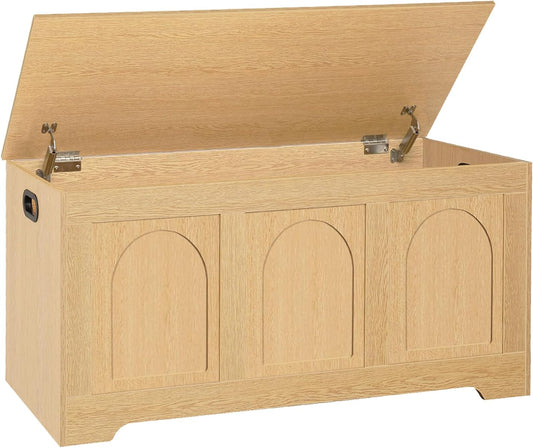 DINZI LVJ Storage Chest, 39.4”Wooden Storage Box with 2 Safety Hinges, Entryway Shoe Bench with Flip-Top, Trunk for Living Room, Bedroom, Easy Assembly, Natural