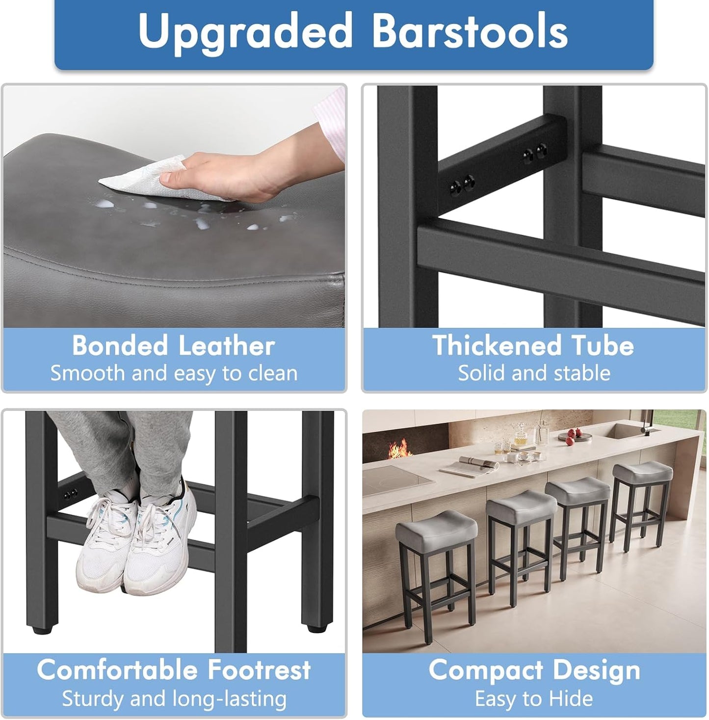 29 Inch Bar Height Bar Stools Set of 2, 29" Barstools for Kitchen Island Counter, Backless Bonded Leather Bar Height Stools with Thick Saddle Seats & Heavy Duty Metal Base, Easy Assembly, Gray/Black