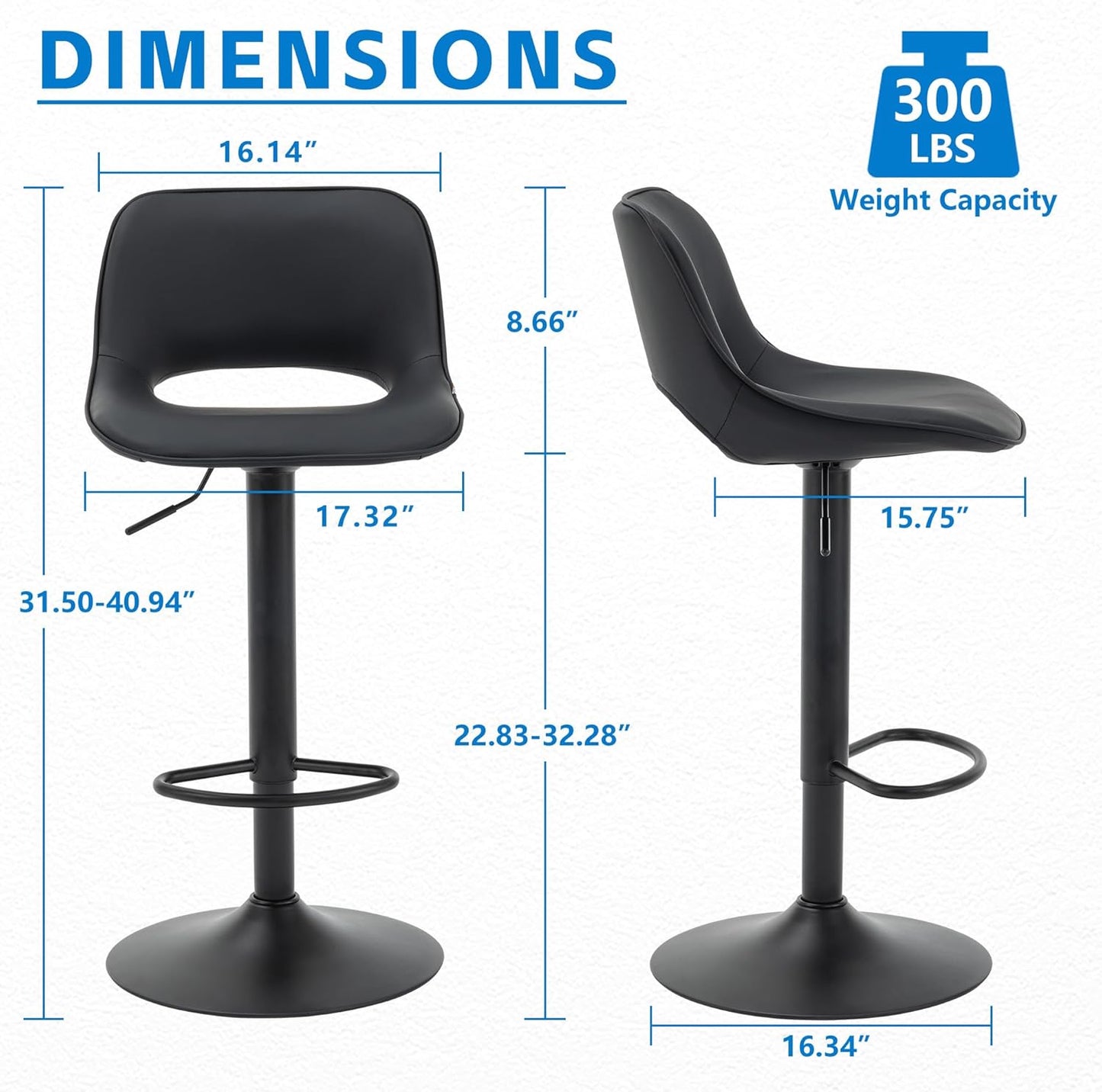 YOUNIKE Black Bar Stools Set of 2 Compact Modern Swivel Barstools, Adjustable Counter Height Bar Stools Faux Leather Upholstered Bar Stool with Hollow Back for Kitchen Island