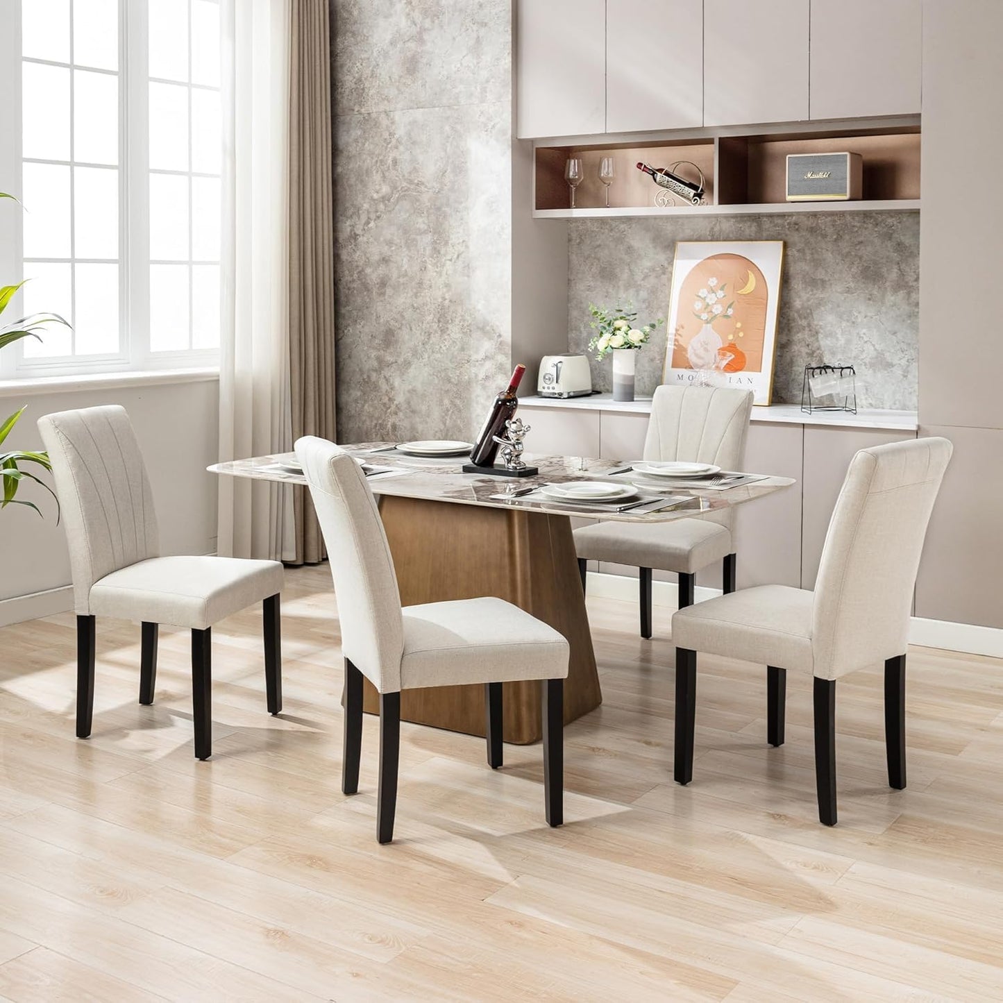 VECELO Upholstered Dining Chairs Set of 6, Modern Fabric and Solid Wood Legs & High Back, Parsons for Kitchen/Living Room- Beige