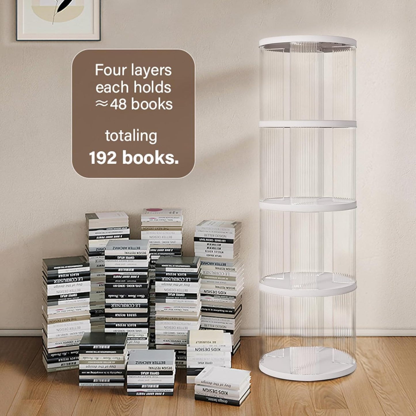 4 Tier Rotating Bookshelf, Small Corner Bookshelf for Small Space, 360 Display Floor Standing Bookcase, Plastic Narrow Book Organizer Shelf for Bedroom, Living Room, Round, White, Lazy Susan
