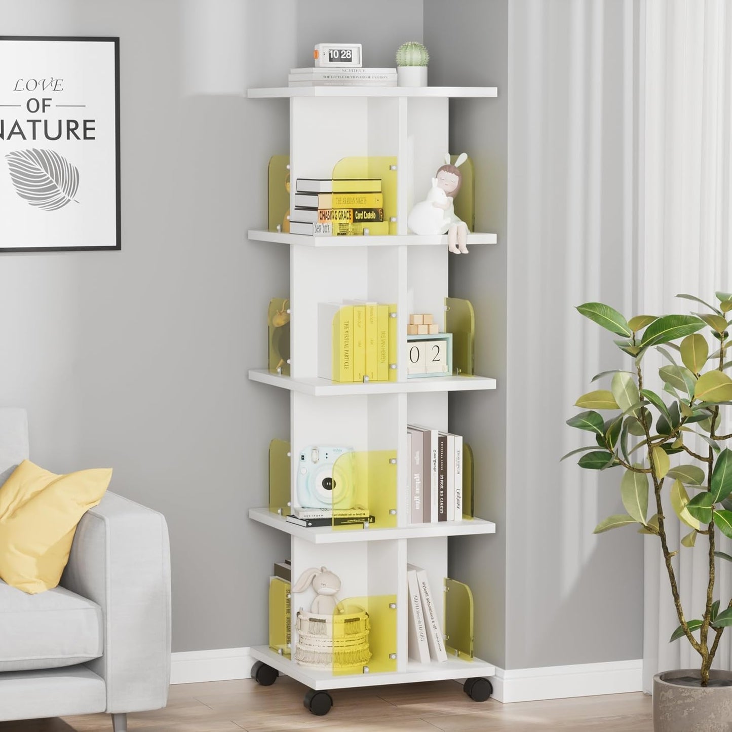 VECELO Rotating Bookshelf with Brake Wheels, 360°Display 4 Tier Floor Stackable Spinning-Bookshelf Tower for Kids&Adults, Revolving Bookcase for Small Space,Corner(White)